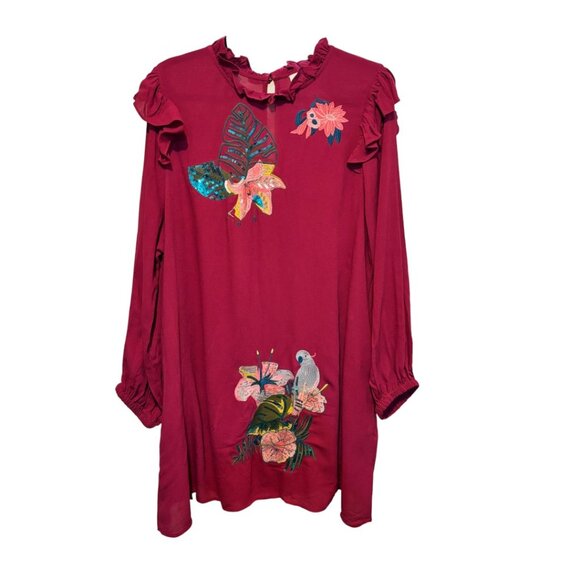 Umgee Burgundy Red Sequin Embroidered Floral Sequin Bird Long Sleeve Dress - Picture 1 of 10